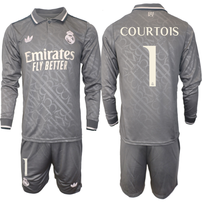 Men 2024-2025 Club Real Madrid away Long Sleeves Grey #1 Soccer Jersey->real madrid jersey->Soccer Club Jersey